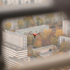 Drone viewed from the outside platform of the Berlin TV Tower