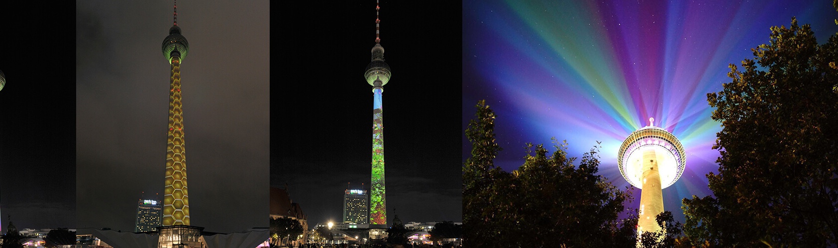 Installationen „Rheinkomet“ auf dem Rheinturm in Düsseldorf und die Lichtkunstwerke des in Berlin veranstalteten „Festival of Lights“