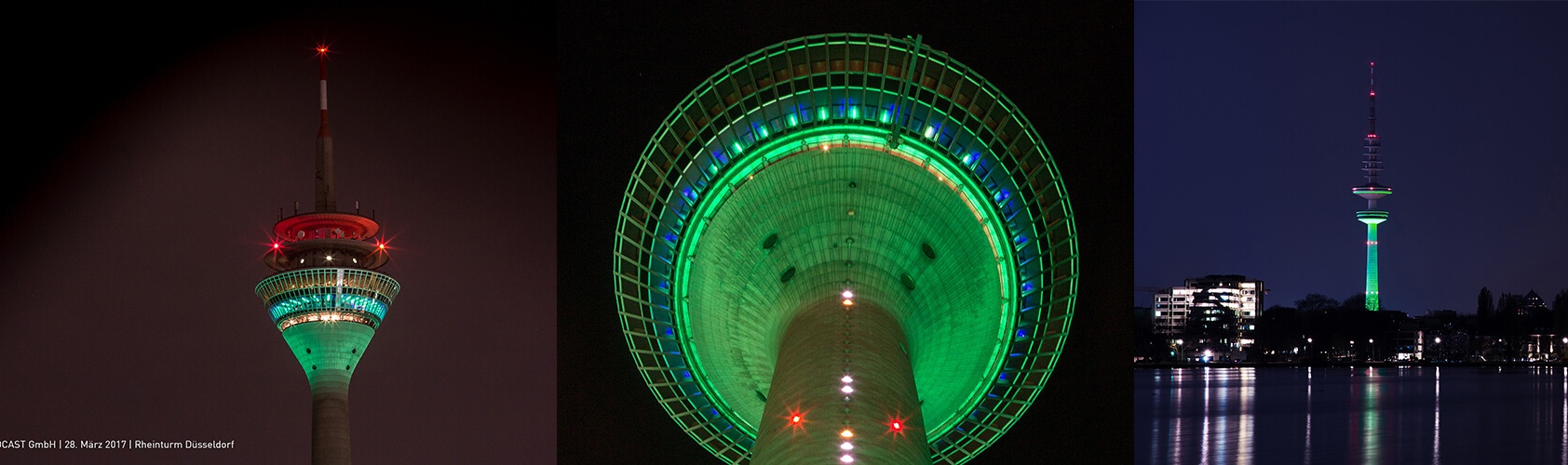 Zum Start von DVB-T2 HD wurden Fernsehtürme der Deutschen Funkturm in Frankfurt, Mannheim, Hamburg und Düsseldorf Grün beleuchtet